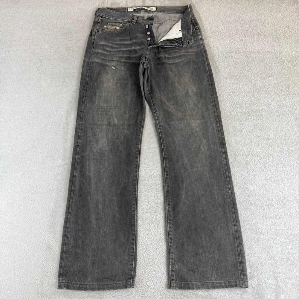 Diesel Button Fly Jeans Mens 32x32 Black Denim Distressed Button Fly Italy